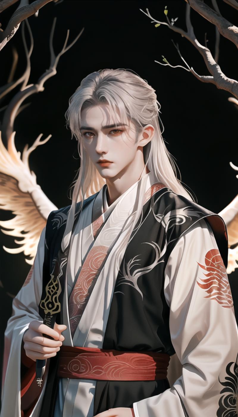 03148-644363090-highres,a young and handsome boy,white hair,,hanfu with black gold patterns,holding a dagger in hand,eyes glazed,expressionless,.png